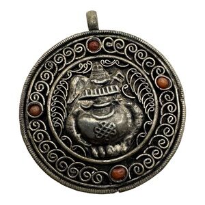 Vintage 1” Round Buddha‎ Pendant with Ornate Scrollwork & Red Stones
